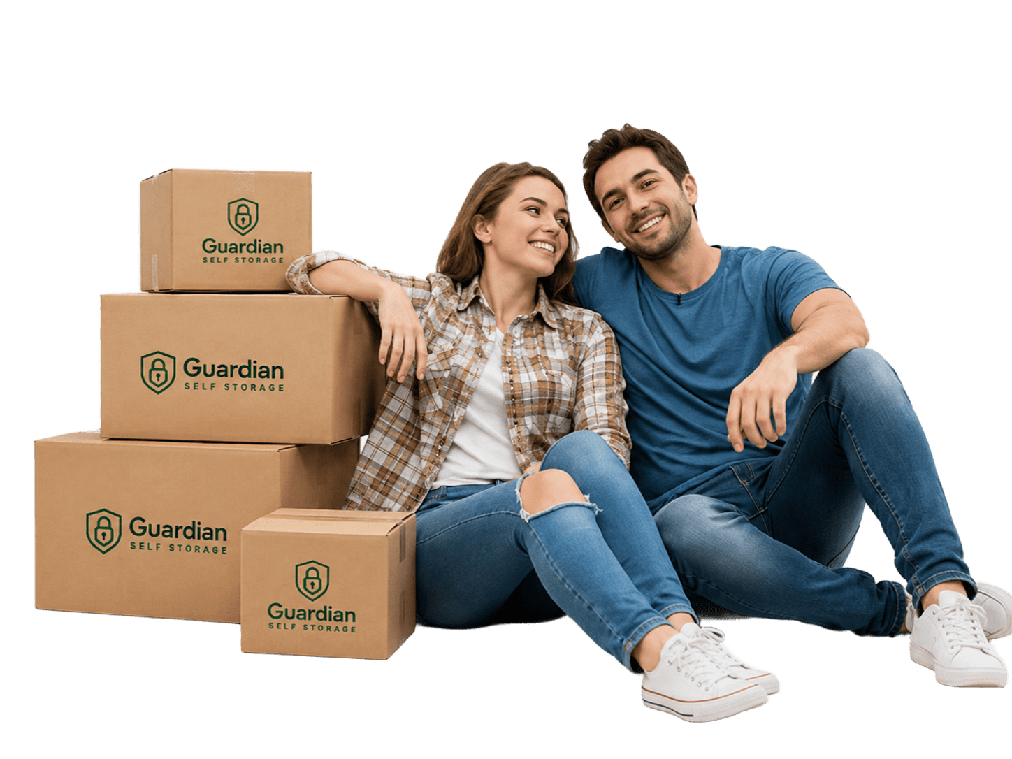 Couple sitting with storage boxes